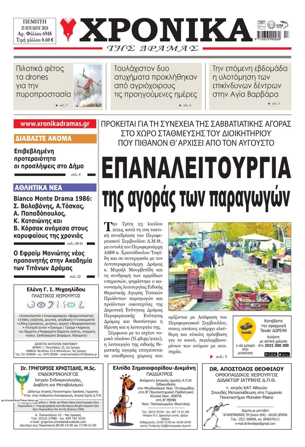 Πρωτοσέλιδο εφημερίδας Χρονικά Δράμας