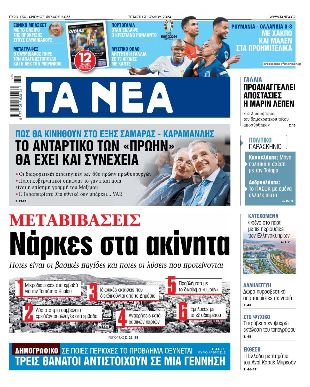 Πρωτοσέλιδο εφημερίδας Τα Νέα