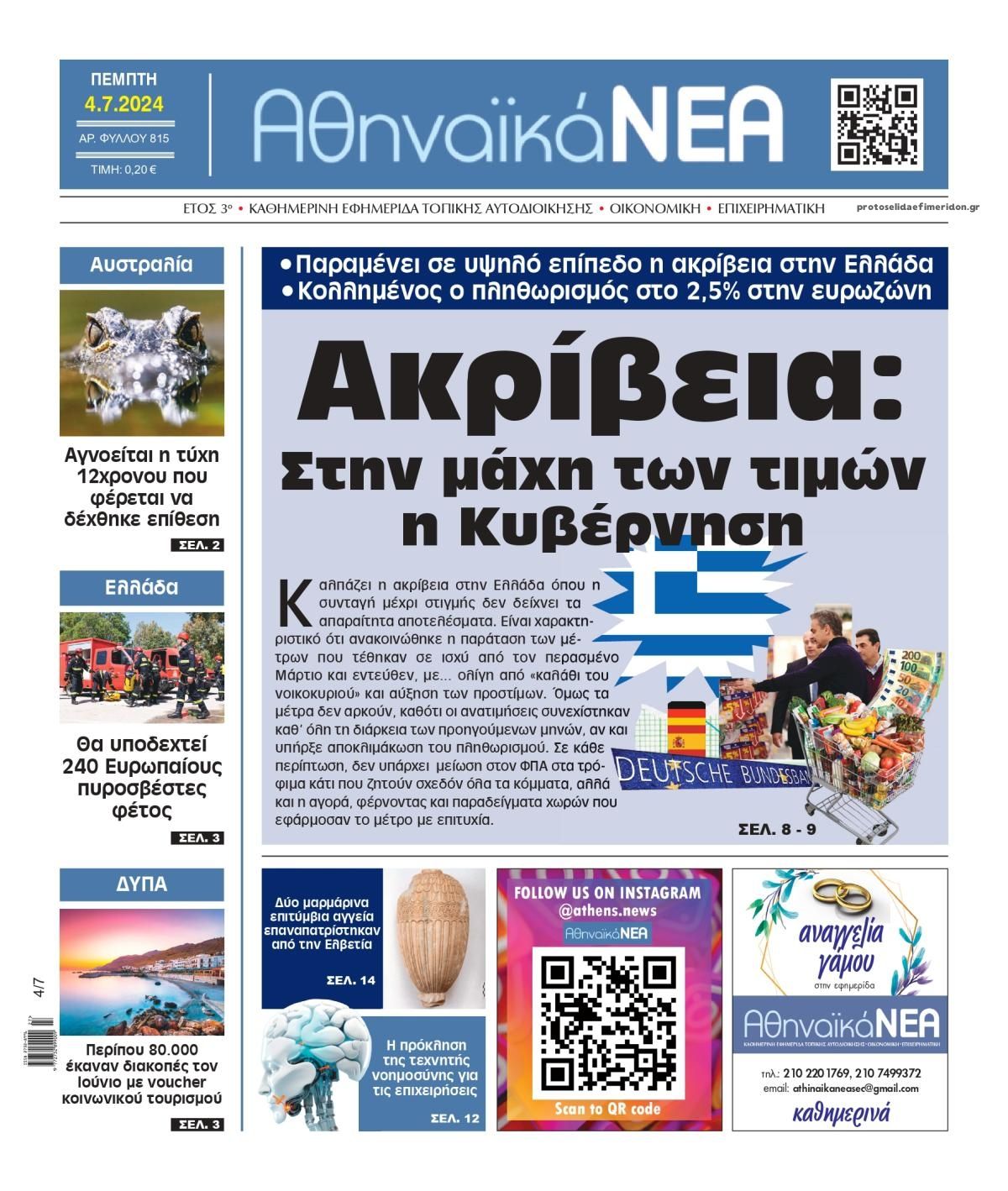 Πρωτοσέλιδο εφημερίδας Αθηναϊκά Νέα