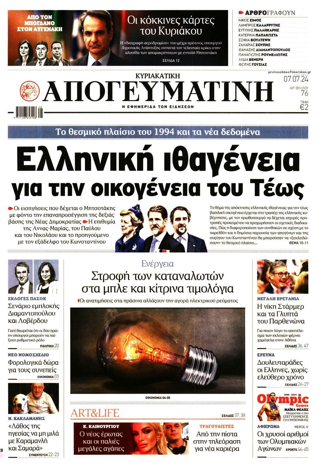 Πρωτοσέλιδο εφημερίδας Απογευματινή