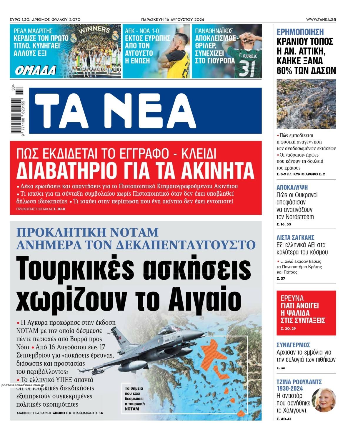 Πρωτοσέλιδο εφημερίδας Τα Νέα