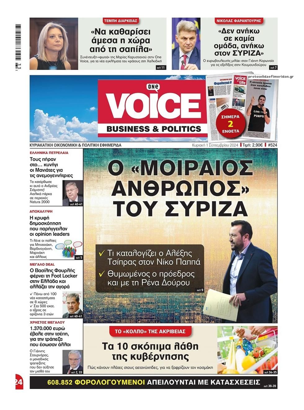 Πρωτοσέλιδο εφημερίδας Finance and Markets Voice