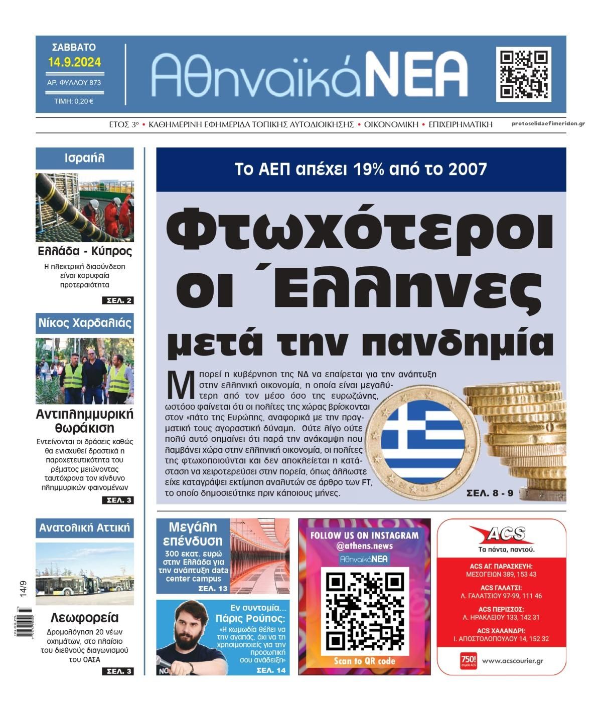 Πρωτοσέλιδο εφημερίδας Αθηναϊκά Νέα