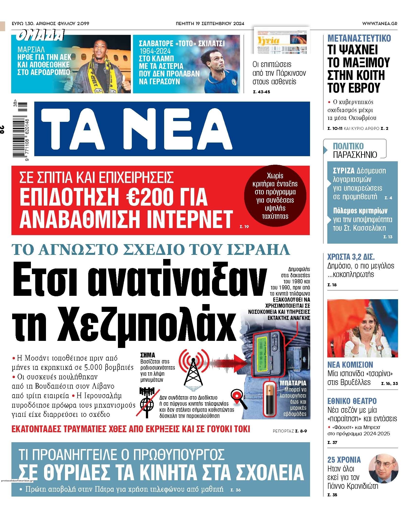 Πρωτοσέλιδο εφημερίδας Τα Νέα