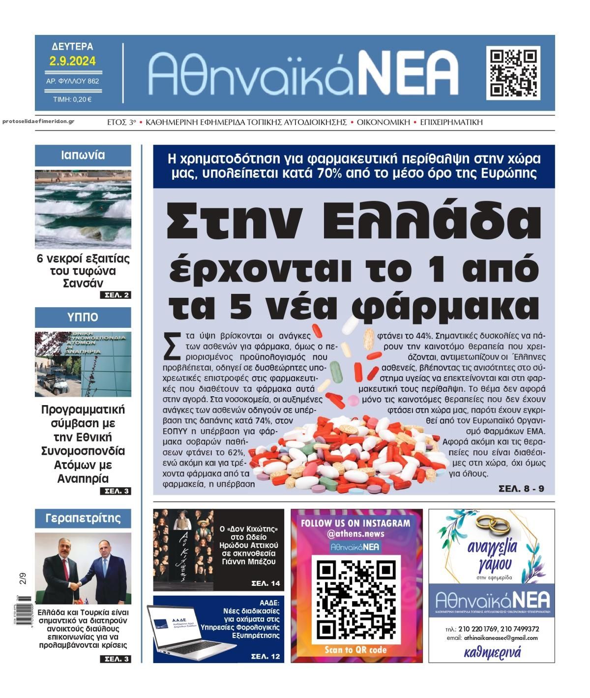 Πρωτοσέλιδο εφημερίδας Αθηναϊκά Νέα