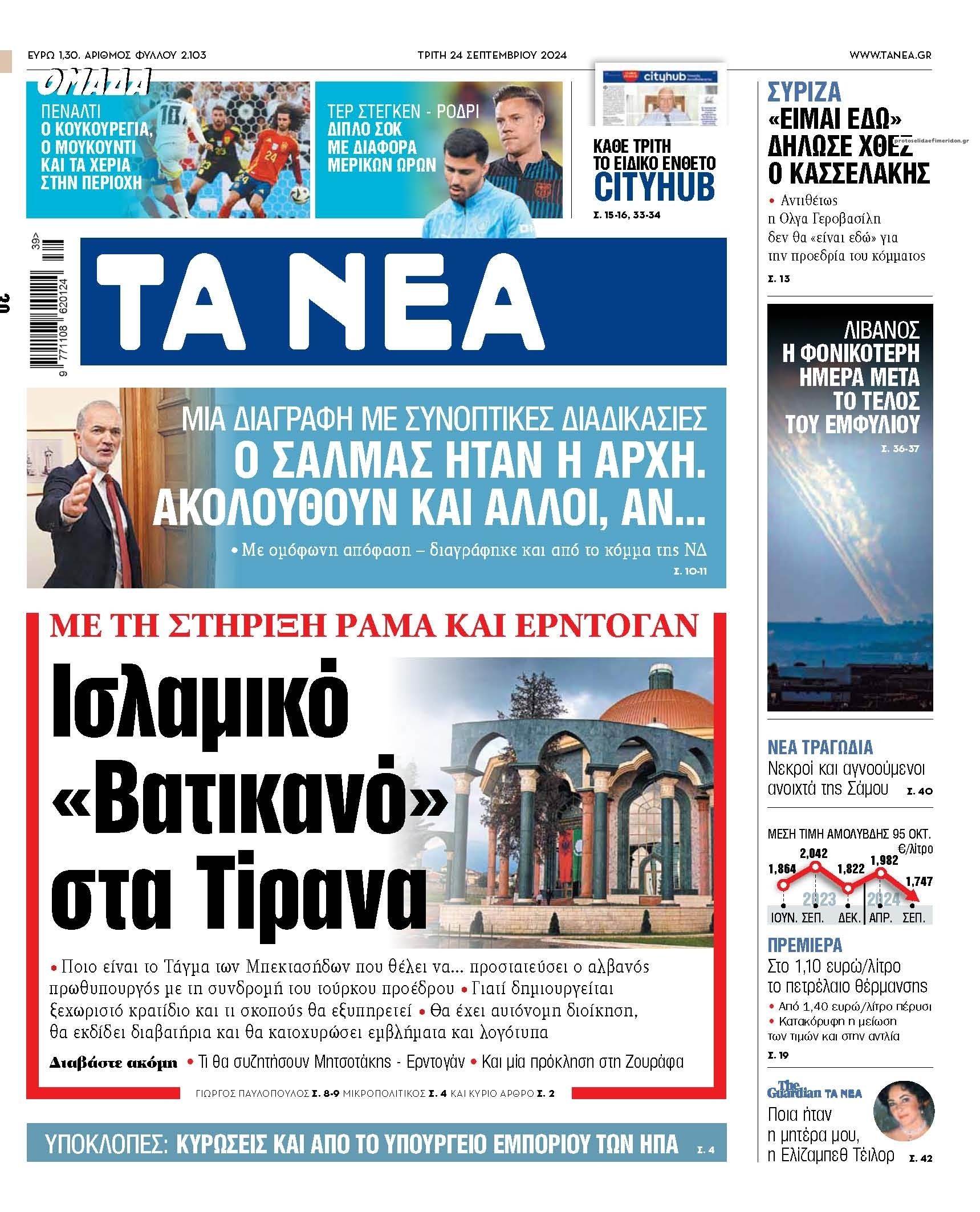 Πρωτοσέλιδο εφημερίδας Τα Νέα