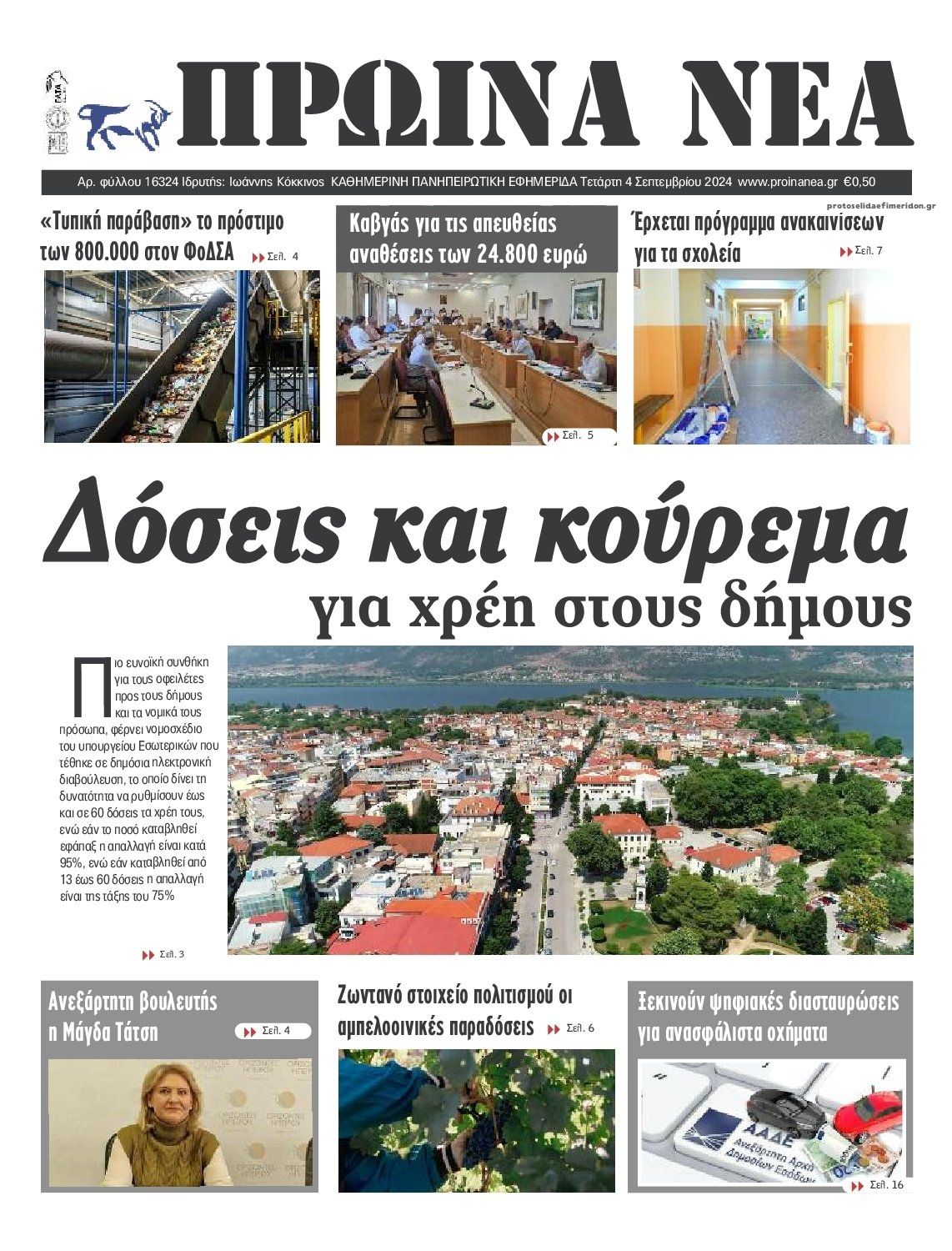 Πρωτοσέλιδο εφημερίδας Πρωινά Νέα Ιωαννίνων