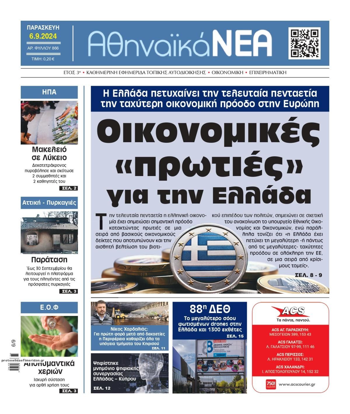 Πρωτοσέλιδο εφημερίδας Αθηναϊκά Νέα