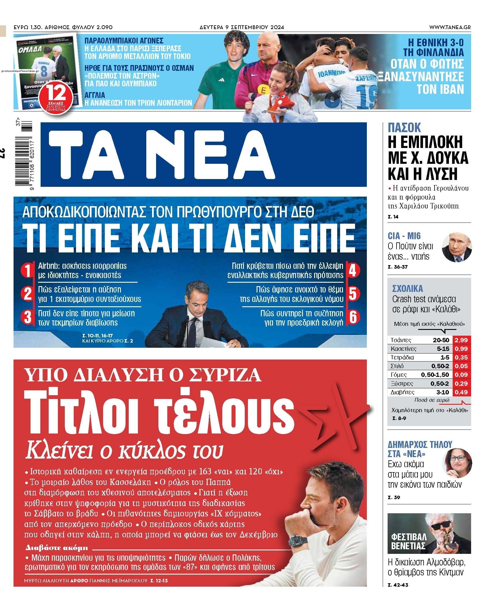 Πρωτοσέλιδο εφημερίδας Τα Νέα