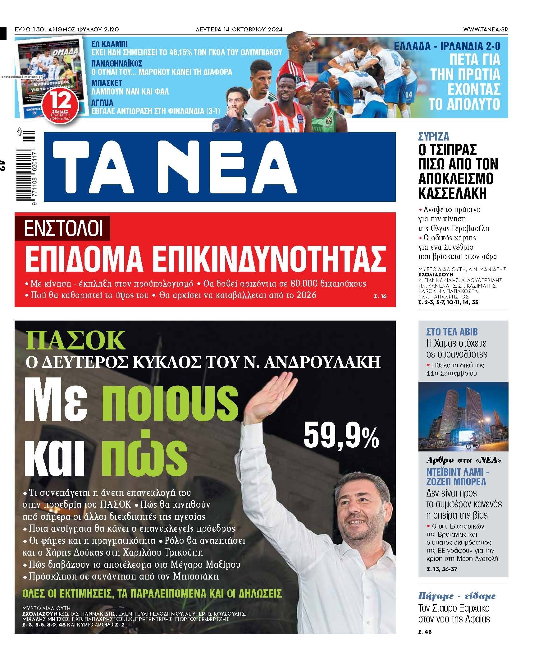 Πρωτοσέλιδο εφημερίδας Τα Νέα