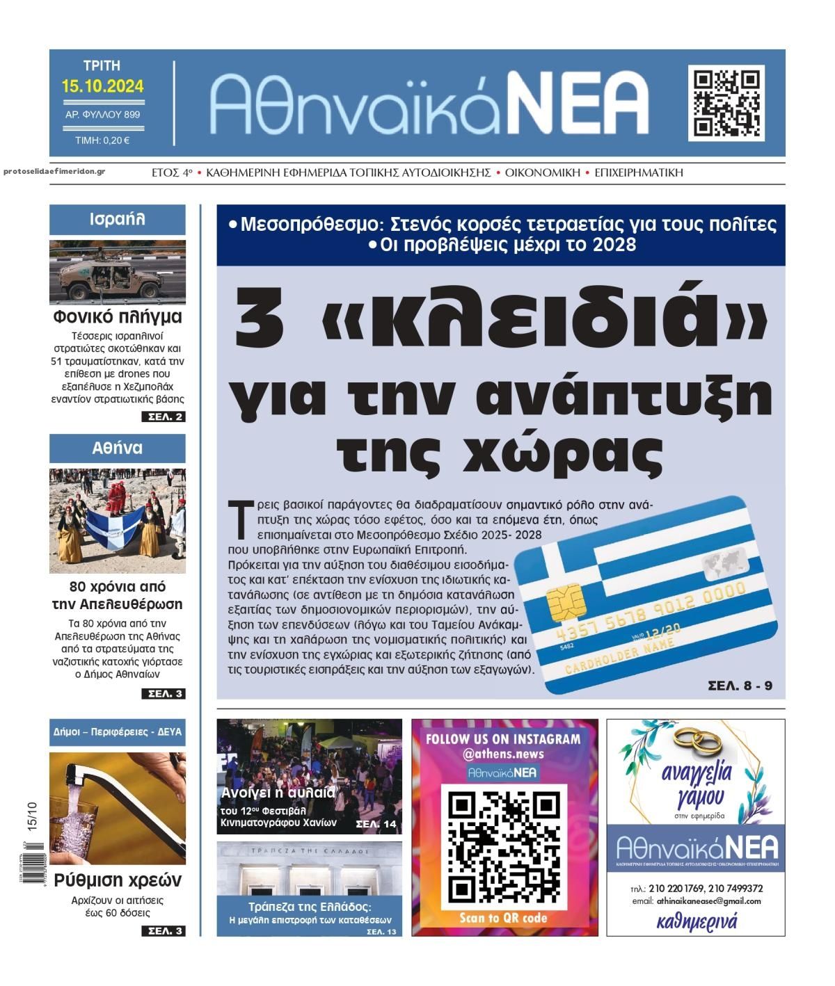 Πρωτοσέλιδο εφημερίδας Αθηναϊκά Νέα