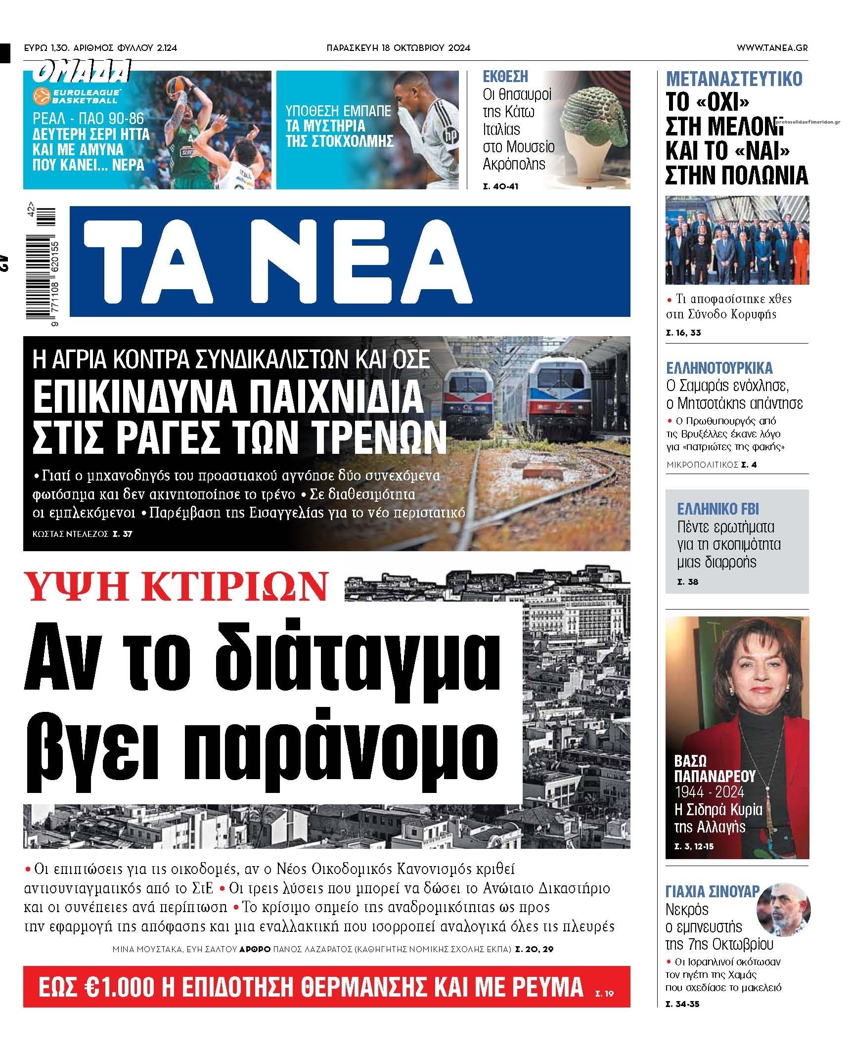 Πρωτοσέλιδο εφημερίδας Τα Νέα