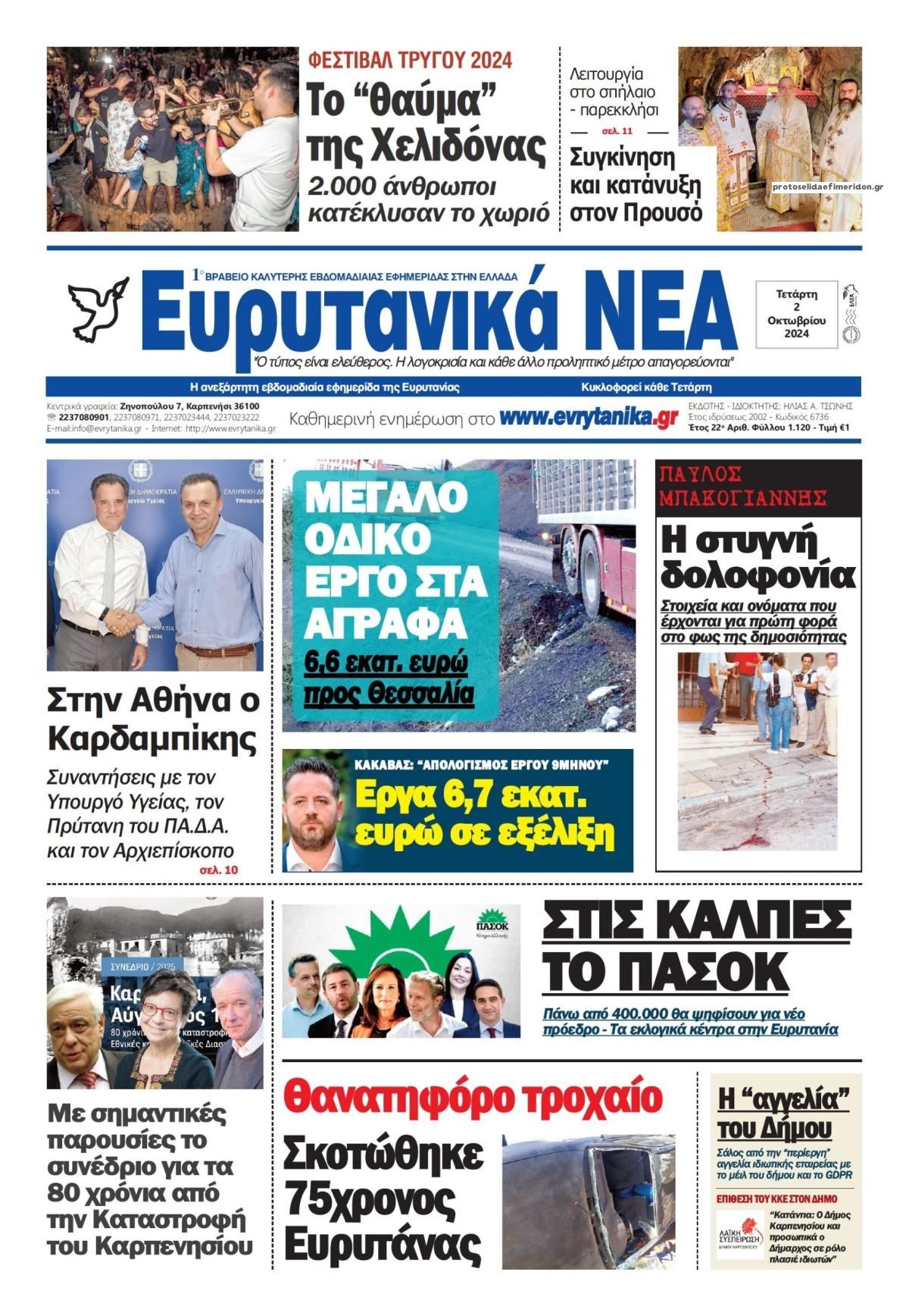 Πρωτοσέλιδο εφημερίδας Ευρυτανικά Νέα