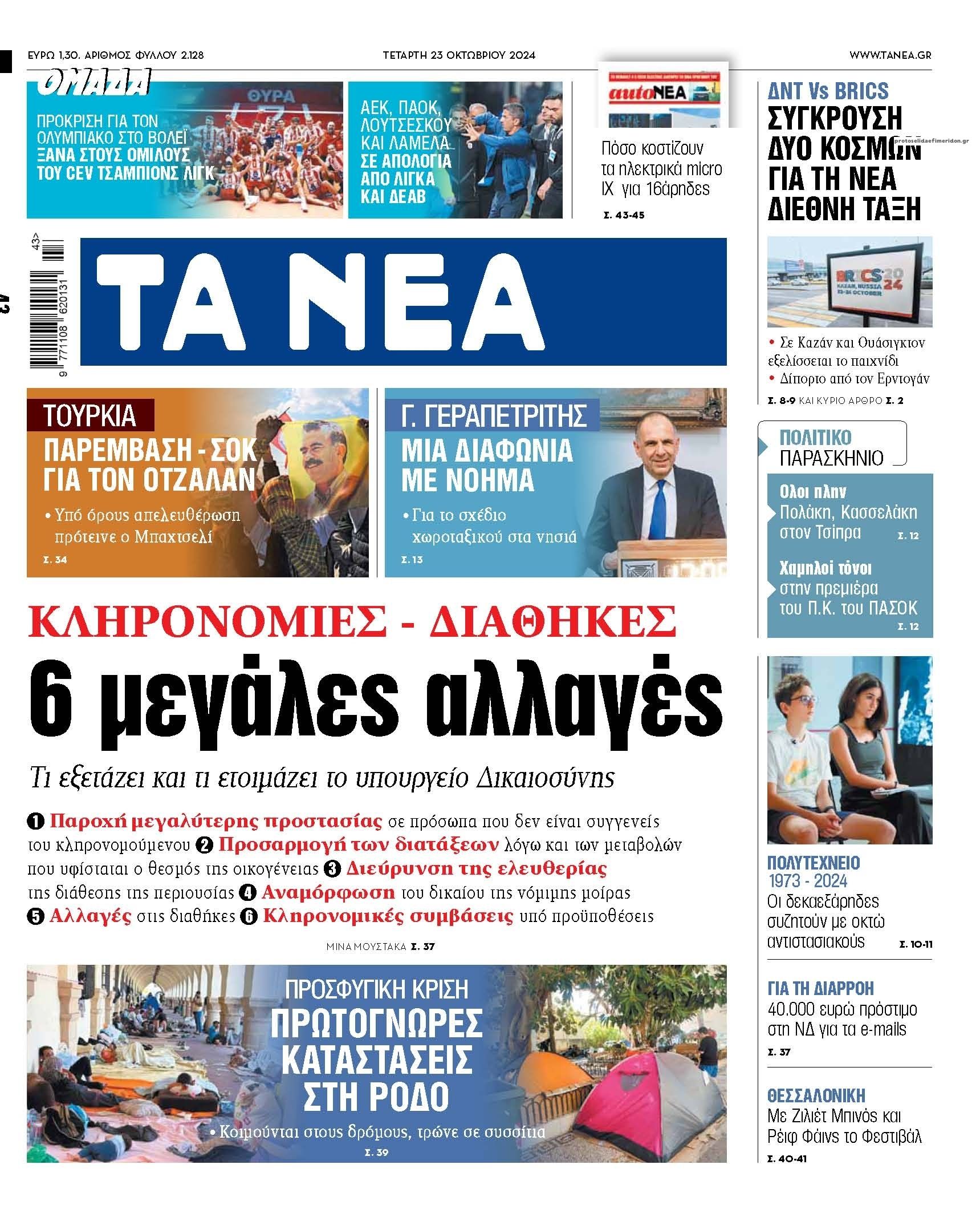 Πρωτοσέλιδο εφημερίδας Τα Νέα