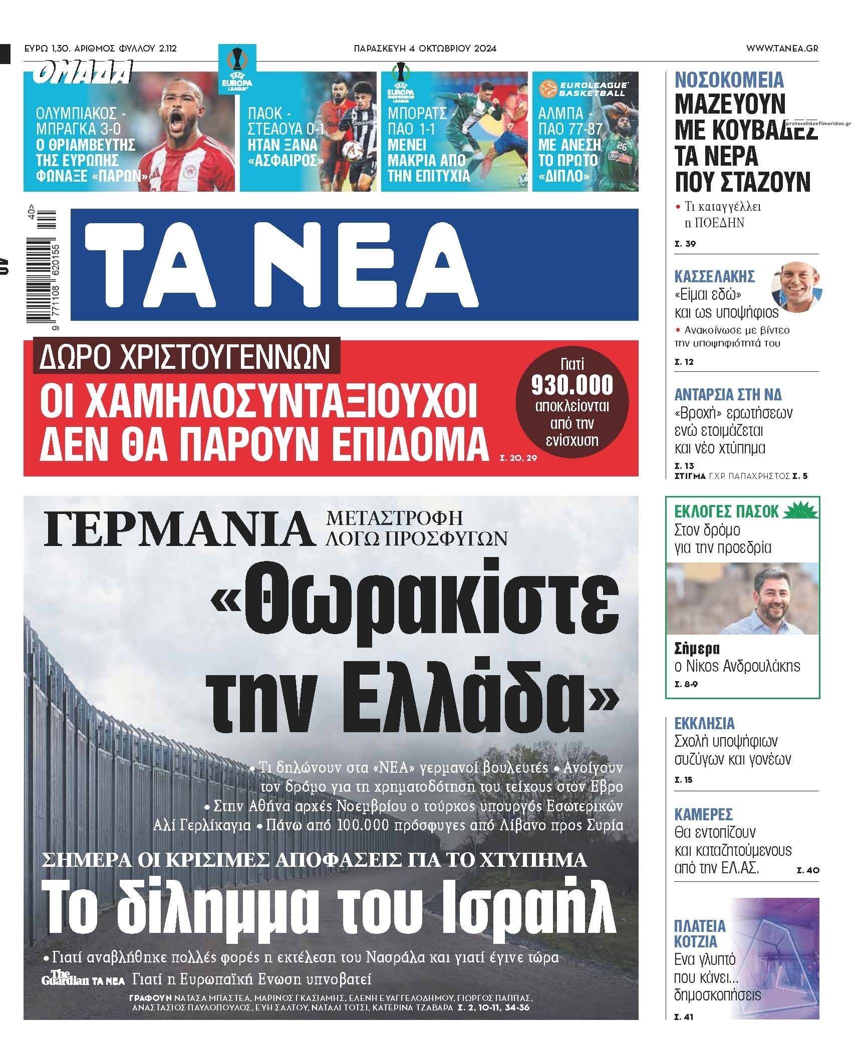 Πρωτοσέλιδο εφημερίδας Τα Νέα