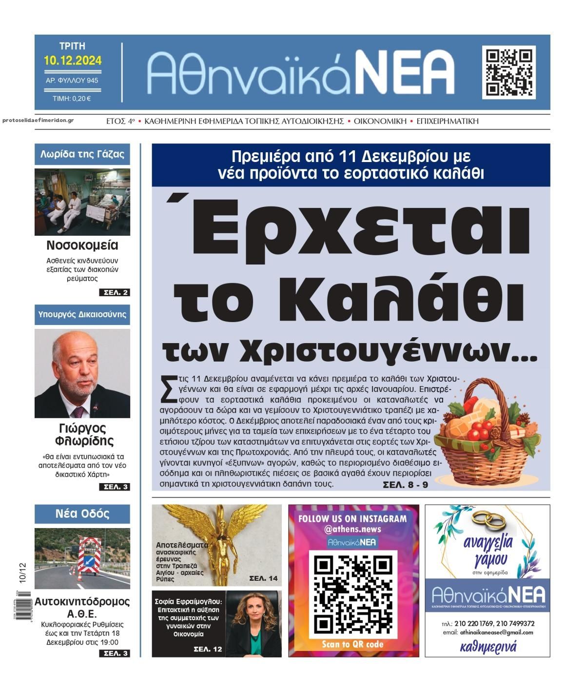 Πρωτοσέλιδο εφημερίδας Αθηναϊκά Νέα