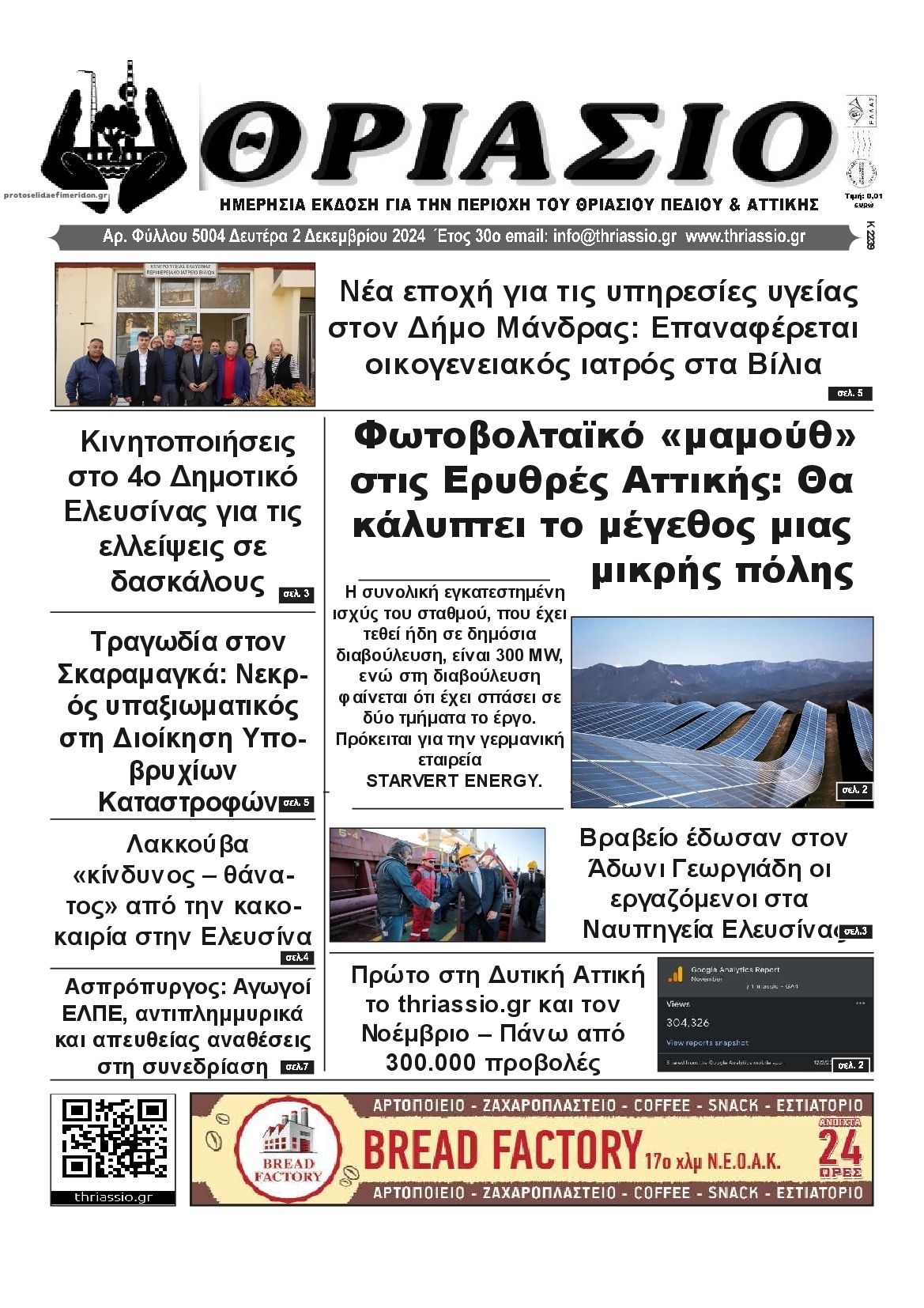 Πρωτοσέλιδο εφημερίδας Θριάσιο