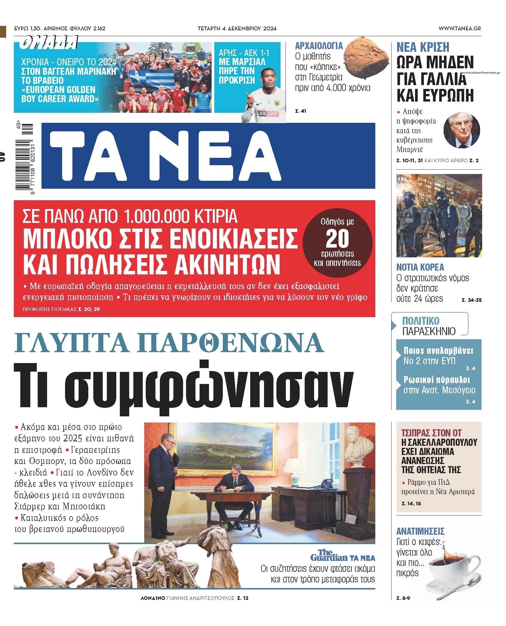 Πρωτοσέλιδο εφημερίδας Τα Νέα