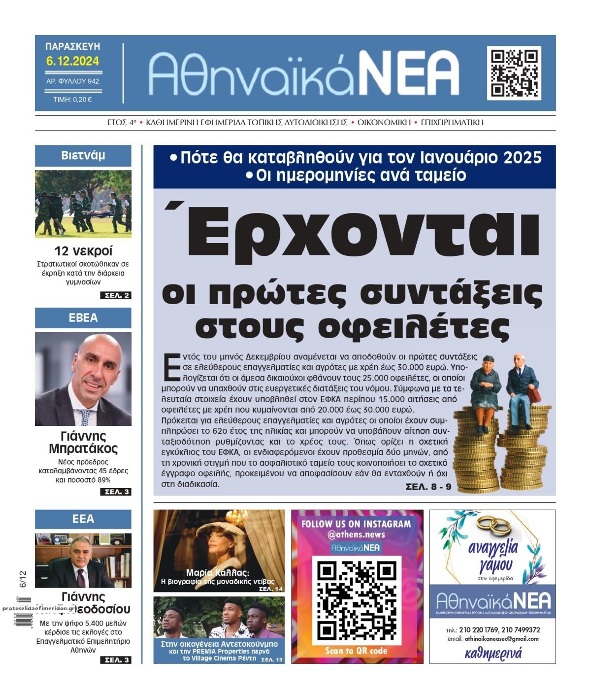 Πρωτοσέλιδο εφημερίδας Αθηναϊκά Νέα