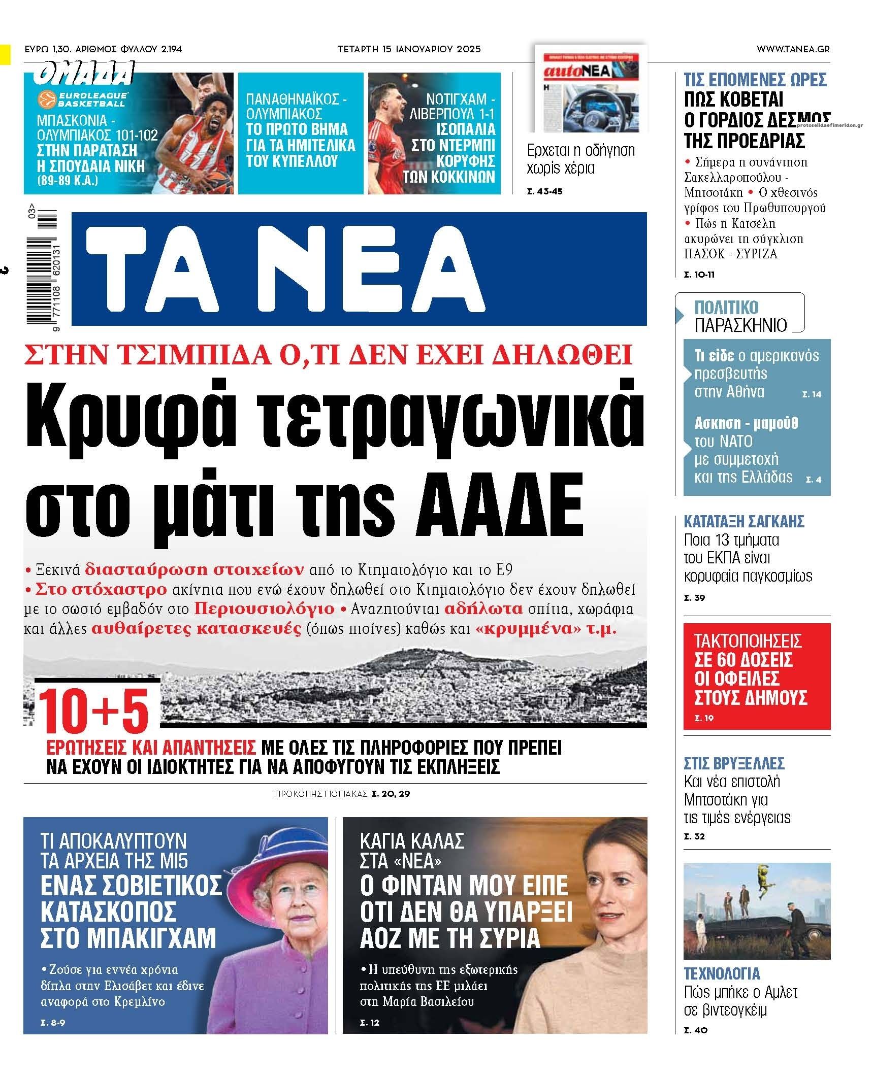 Πρωτοσέλιδο εφημερίδας Τα Νέα