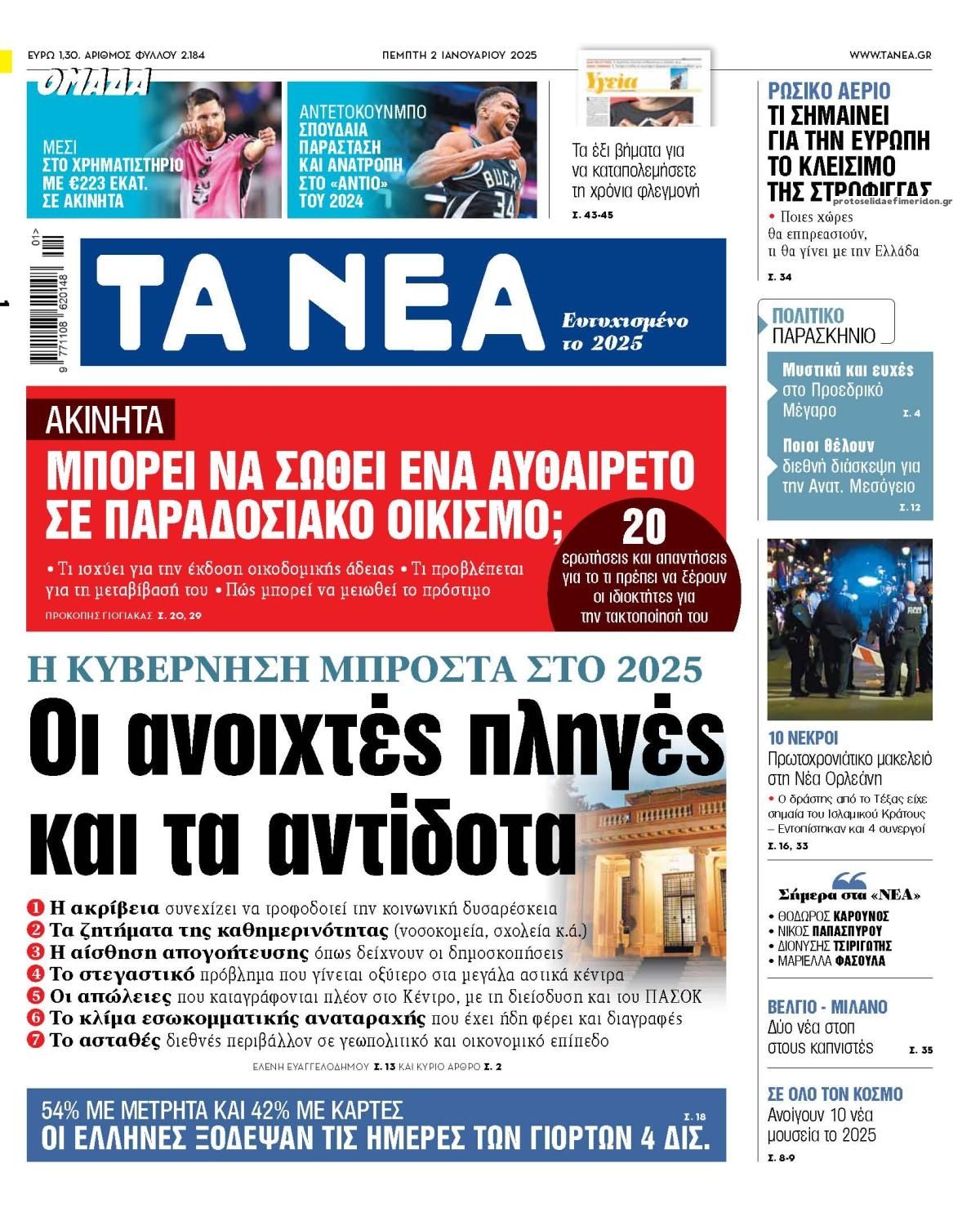 Πρωτοσέλιδο εφημερίδας Τα Νέα