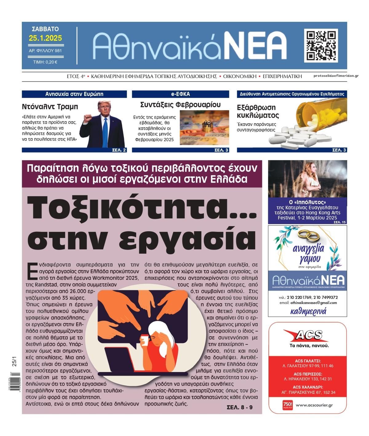 Πρωτοσέλιδο εφημερίδας Αθηναϊκά Νέα