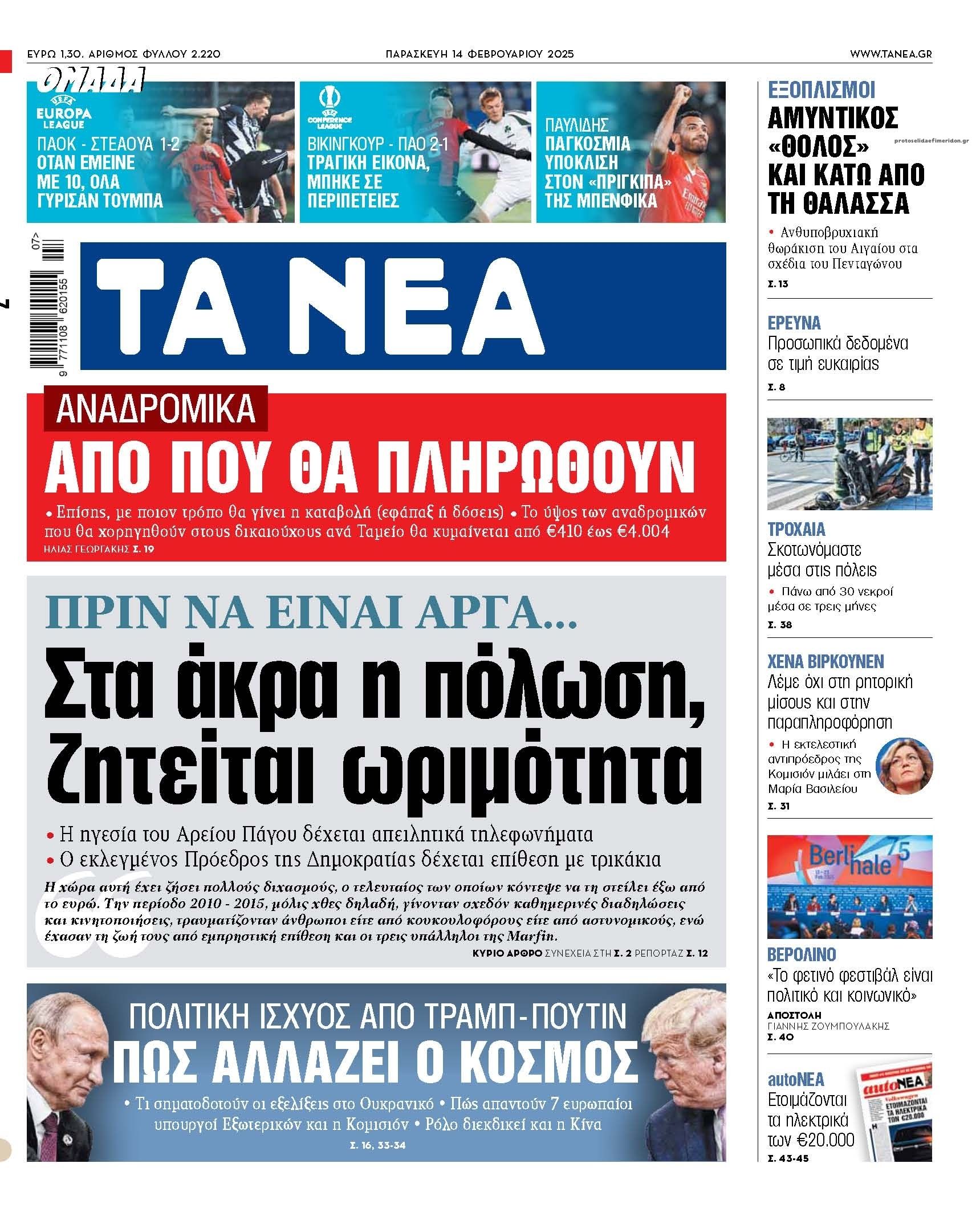 Πρωτοσέλιδο εφημερίδας Τα Νέα