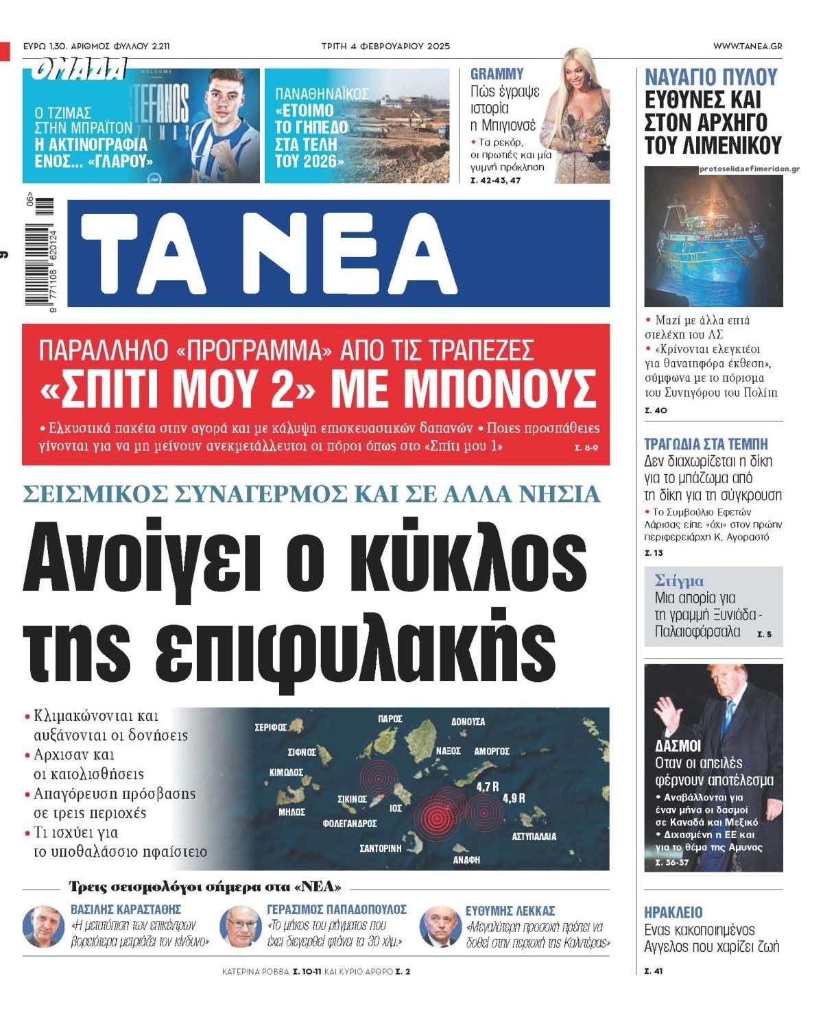 Πρωτοσέλιδο εφημερίδας Τα Νέα