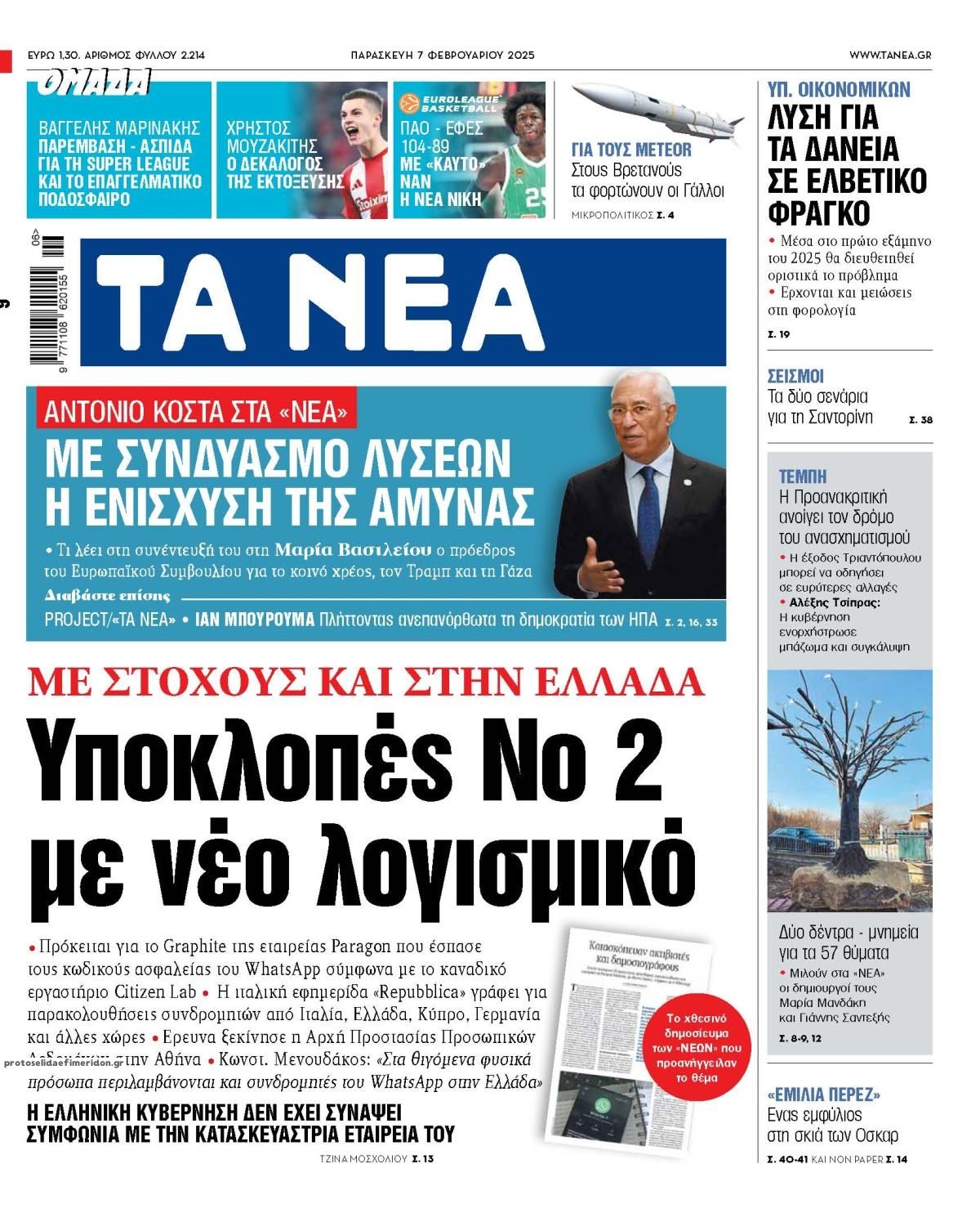 Πρωτοσέλιδο εφημερίδας Τα Νέα